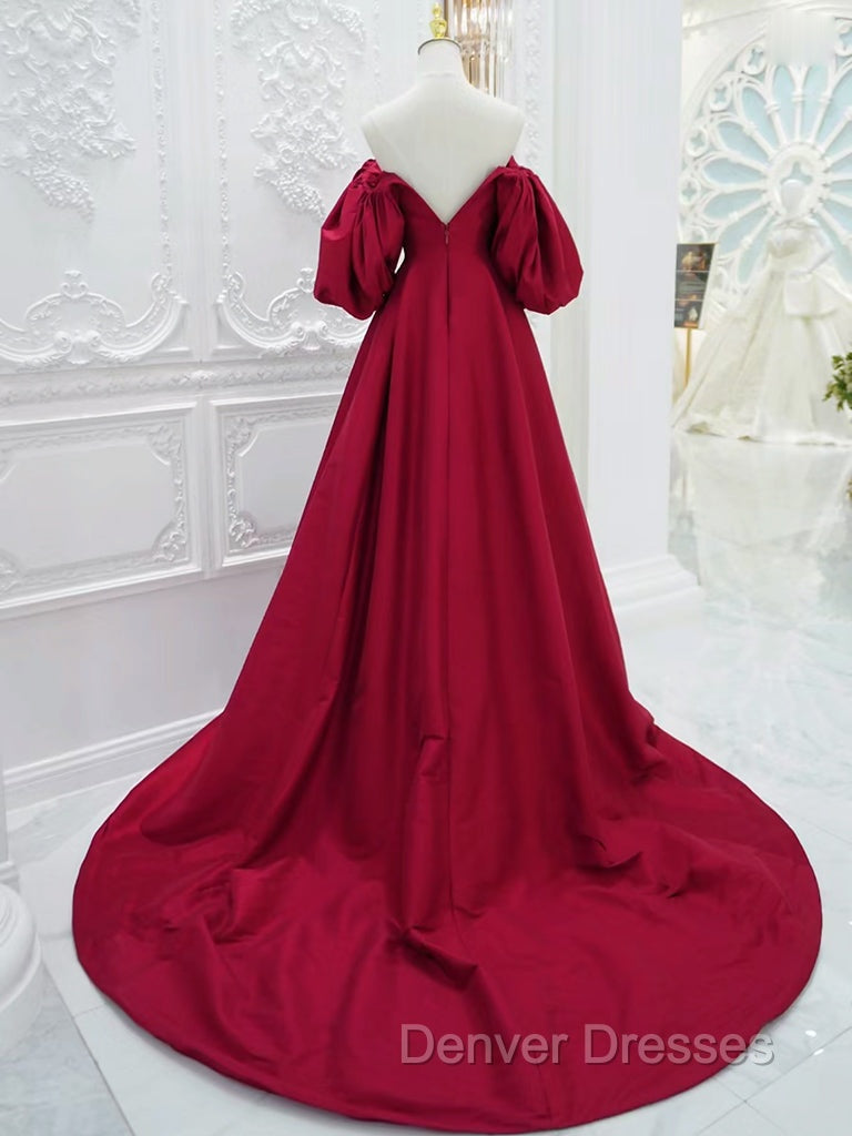 A-Line Puff Sleeves Satin Dark Red Long Prom Dress, Dark Red Long Evening Dress Secondary image