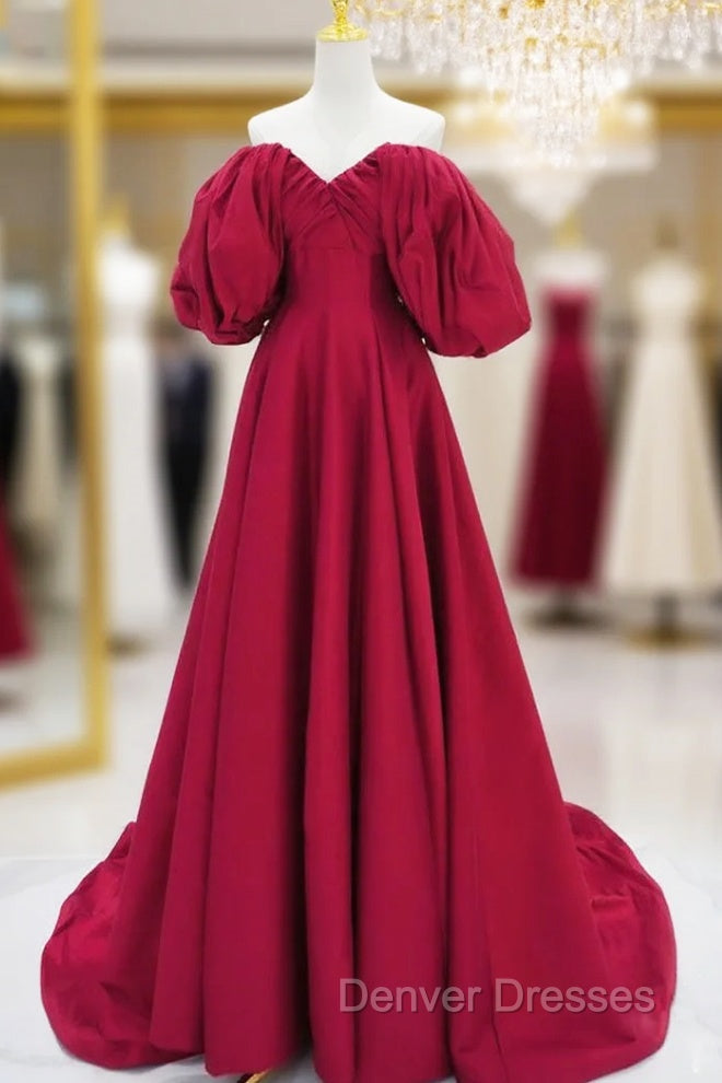 A-Line Puff Sleeves Satin Dark Red Long Prom Dress, Dark Red Long Evening Dress Main image