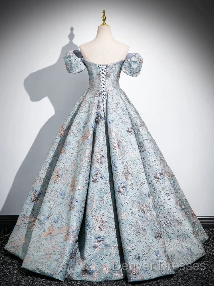 A-Line Puff Sleeves Satin Gray Blue Long Prom Dress, Gray Blue Long Evening Dress Secondary image