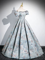 A-Line Puff Sleeves Satin Gray Blue Long Prom Dress, Gray Blue Long Evening Dress