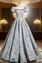 A-Line Puff Sleeves Satin Gray Blue Long Prom Dress, Gray Blue Long Evening Dress