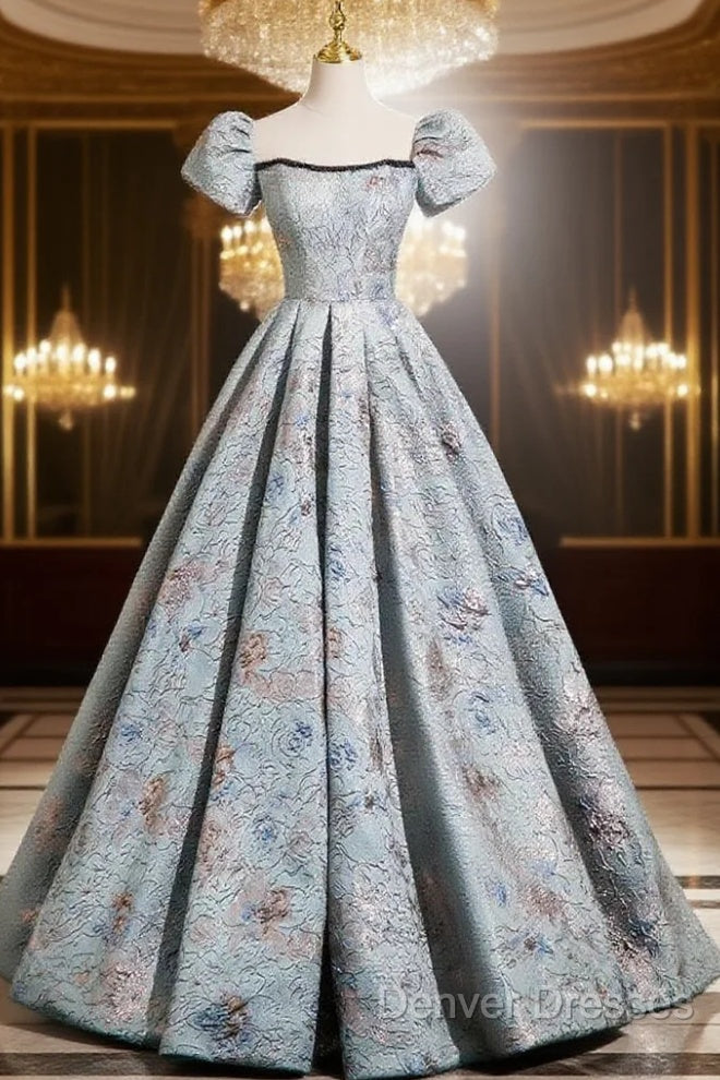 A-Line Puff Sleeves Satin Gray Blue Long Prom Dress, Gray Blue Long Evening Dress