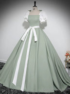 A-Line Puff Sleeves Satin Green Long Prom Dress, Green Long Formal Dress