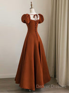 A-Line Puff Sleeves Satin Long Prom Dress, Long Evening Dress