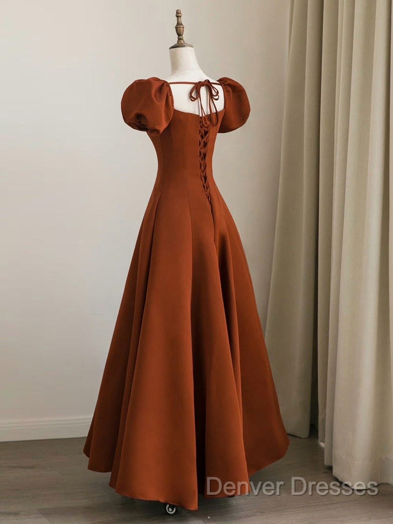 A-Line Puff Sleeves Satin Long Prom Dress, Long Evening Dress