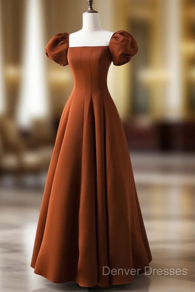 A-Line Puff Sleeves Satin Long Prom Dress, Long Evening Dress Main image