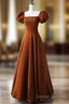 A-Line Puff Sleeves Satin Long Prom Dress, Long Evening Dress