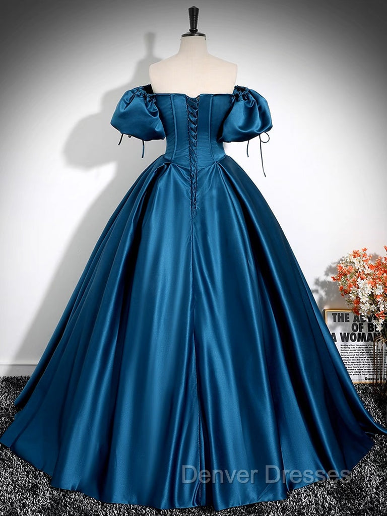 A-Line Puff Sleeves Satin Peacock Blue Long Prom Dress, Peacock Blue Long Formal Dress Secondary image