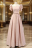 A-Line Puff Sleeves Satin Pink Long Prom Dress, Pink Long Bridesmaid Dress