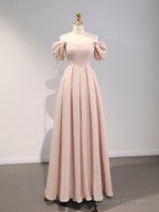 A-Line Puff Sleeves Satin Pink Long Prom Dress, Pink Long Bridesmaid Dress