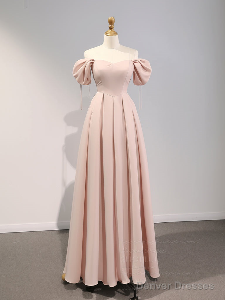 A-Line Puff Sleeves Satin Pink Long Prom Dress, Pink Long Bridesmaid Dress Secondary image