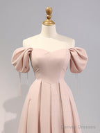 A-Line Puff Sleeves Satin Pink Long Prom Dress, Pink Long Bridesmaid Dress