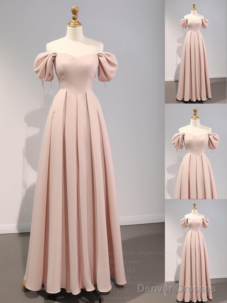 A-Line Puff Sleeves Satin Pink Long Prom Dress, Pink Long Bridesmaid Dress Main image