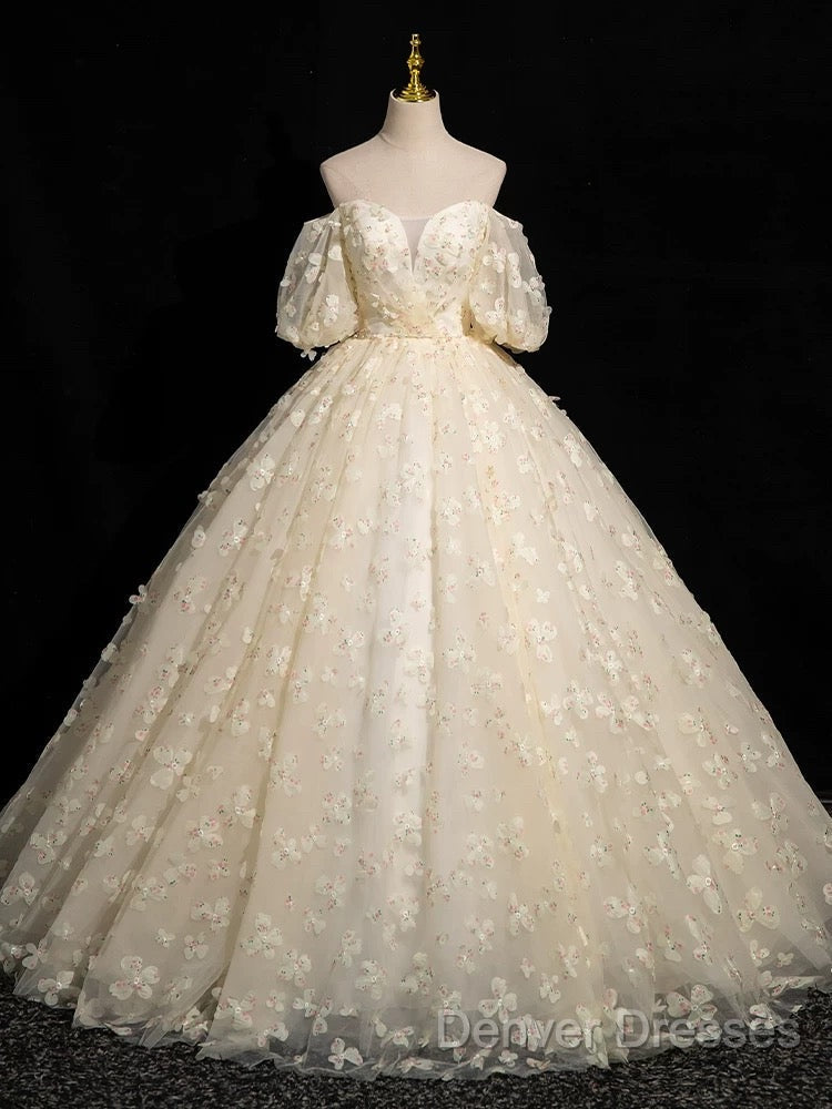 A-Line Puff Sleeves Tulle Lace Champagne Long Prom Dress, Champagne Formal Dress Secondary image