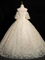 A-Line Puff Sleeves Tulle Lace Champagne Long Prom Dress, Champagne Formal Dress
