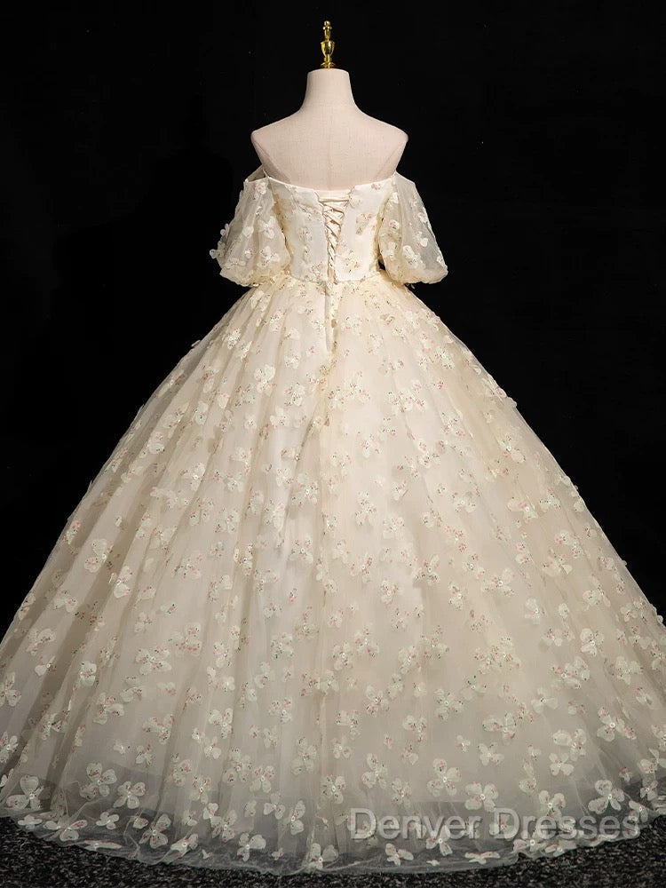 A-Line Puff Sleeves Tulle Lace Champagne Long Prom Dress, Champagne Formal Dress