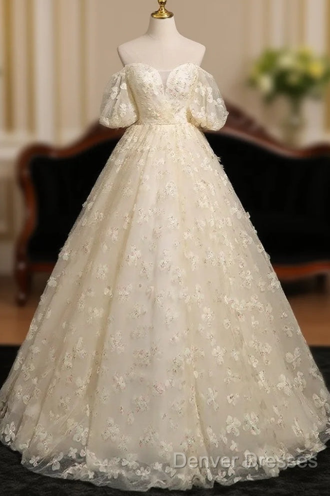 A-Line Puff Sleeves Tulle Lace Champagne Long Prom Dress, Champagne Formal Dress Main image