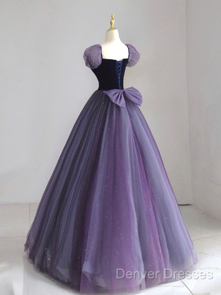 A-Line Puff Sleeves Tulle Velvet Purple Long Prom Dress, Purple Long Formal Dress Secondary image