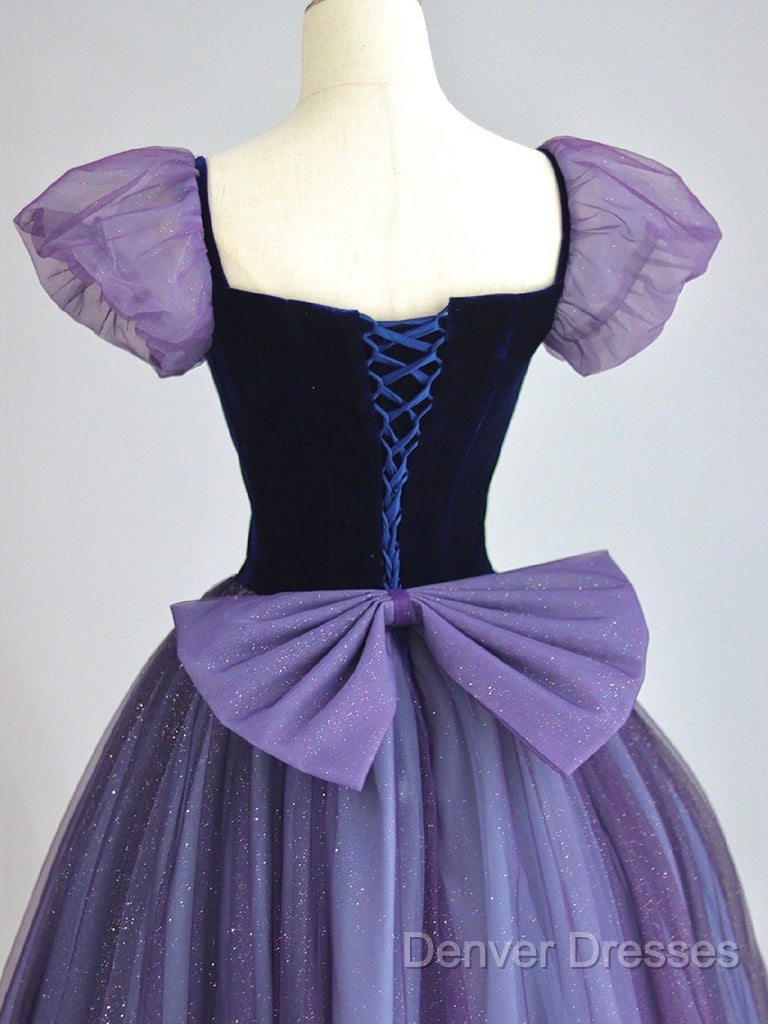 A-Line Puff Sleeves Tulle Velvet Purple Long Prom Dress, Purple Long Formal Dress