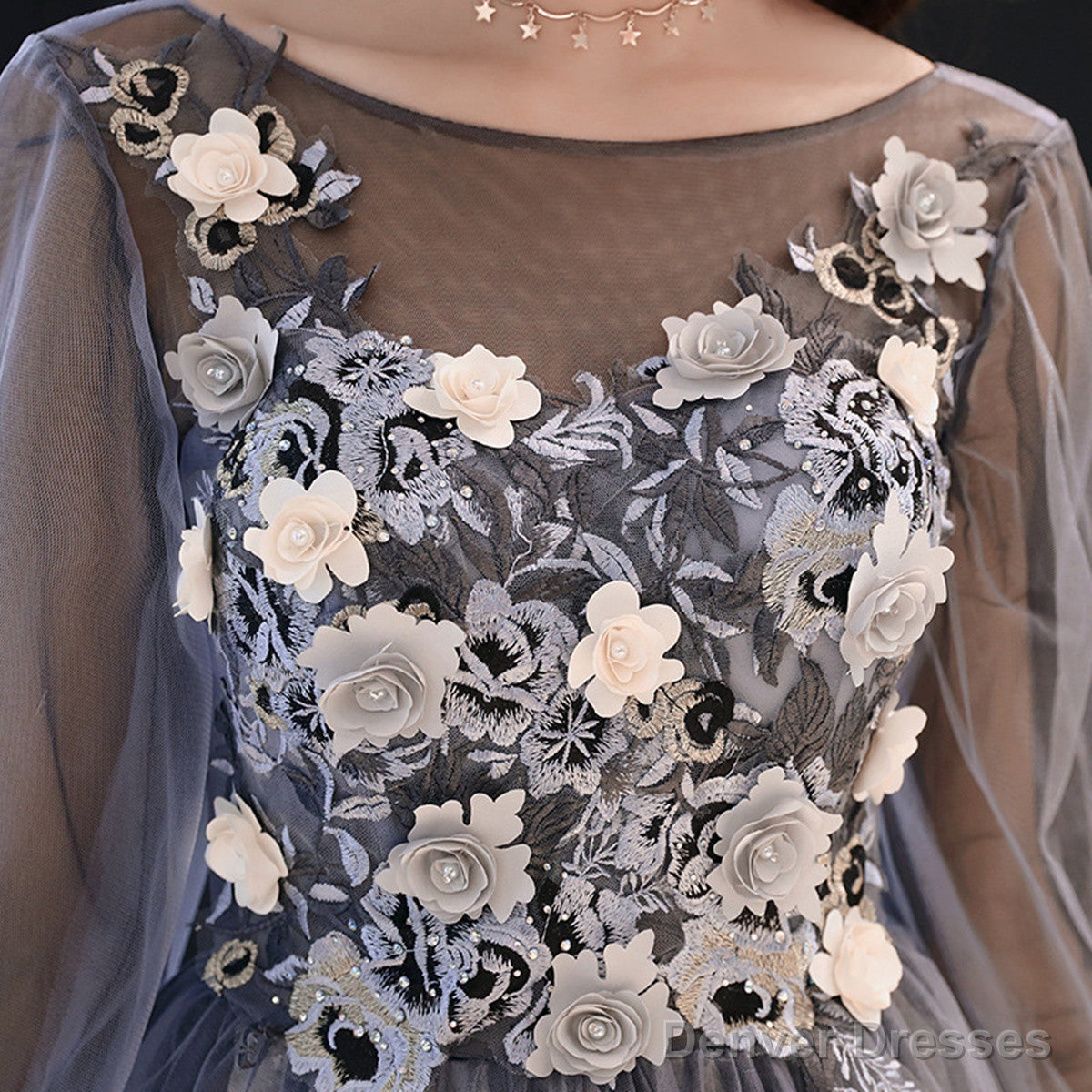 A-Line Puffy Long Sleeves Flowers Tulle Party Dress, Tulle Floor Length Prom Dress