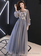 A-Line Puffy Long Sleeves Flowers Tulle Party Dress, Tulle Floor Length Prom Dress