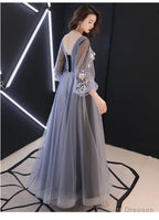 A-Line Puffy Long Sleeves Flowers Tulle Party Dress, Tulle Floor Length Prom Dress