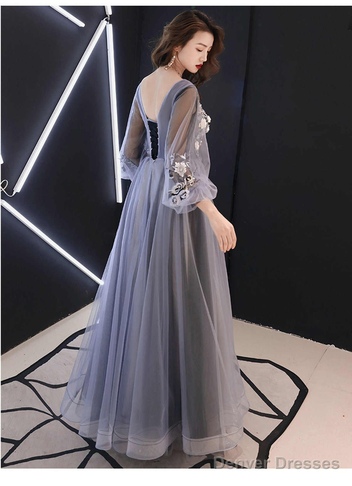 A-Line Puffy Long Sleeves Flowers Tulle Party Dress, Tulle Floor Length Prom Dress