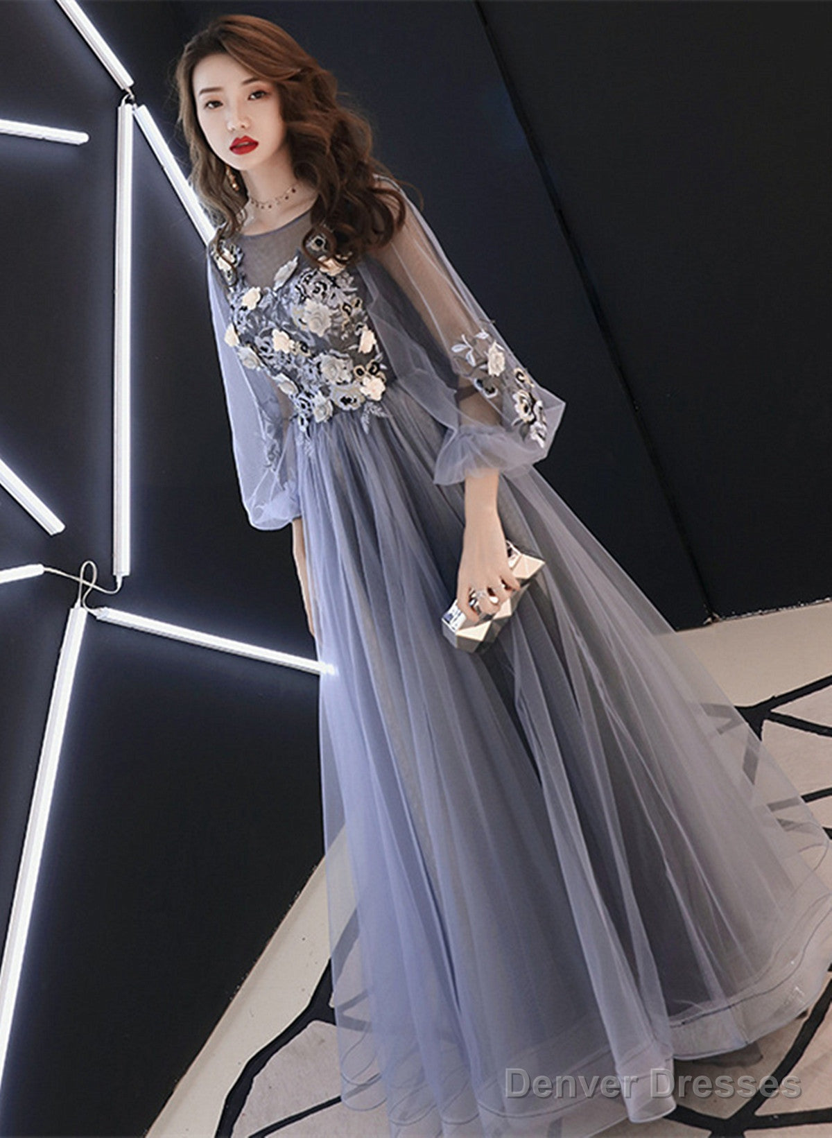 A-Line Puffy Long Sleeves Flowers Tulle Party Dress, Tulle Floor Length Prom Dress Main image
