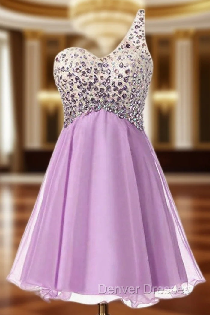 A-Line Purple Chiffon One Shoulder Homecoming Dress With Crystal Main image