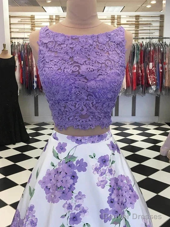 A Line Purple Floral Lace Two Piece Prom Dresses With Bowknot Secondary image