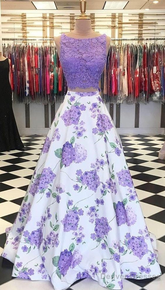A Line Purple Floral Lace Two Piece Prom Dresses With Bowknot Main image