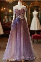 A-Line Purple Gradient Tulle Beaded Long Party Dress, Purple Tulle Prom Dress