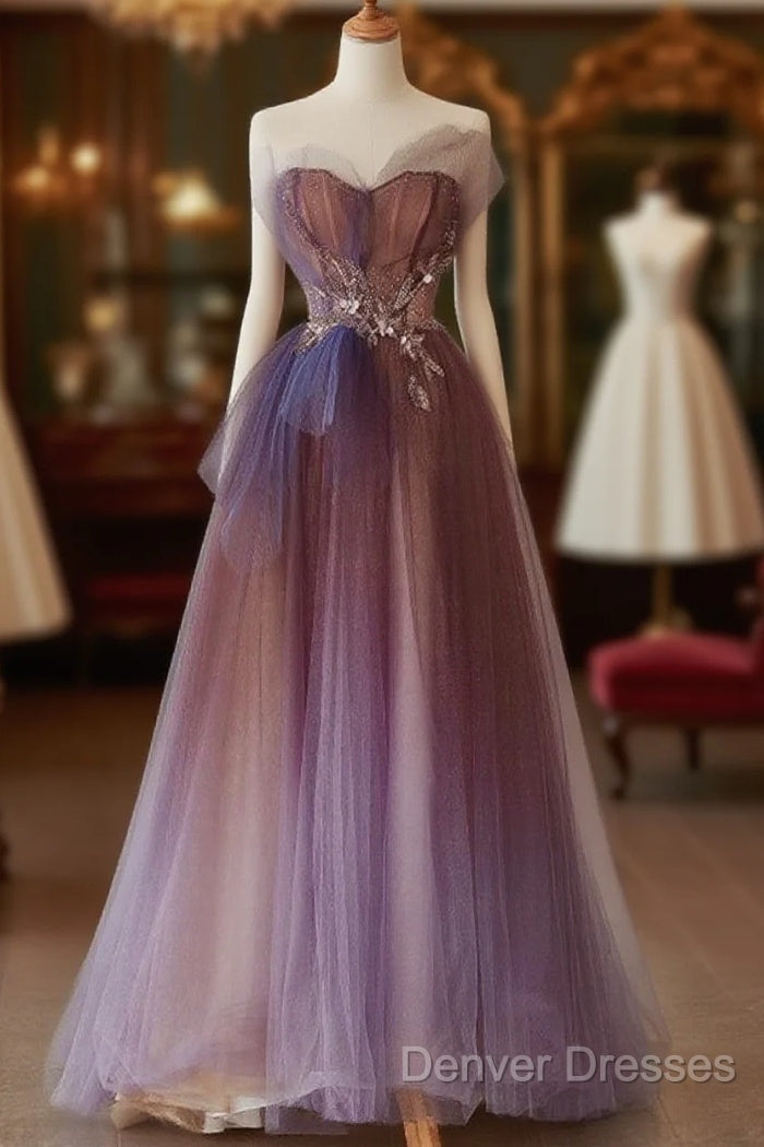 A-Line Purple Gradient Tulle Beaded Long Party Dress, Purple Tulle Prom Dress