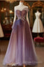 A-Line Purple Gradient Tulle Beaded Long Party Dress, Purple Tulle Prom Dress