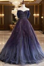 A-Line Purple Gradient Tulle Long Prom Dress