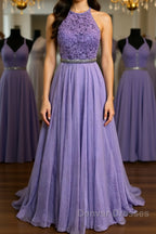 A Line Purple Lace Long Prom Dress with Belt, Purple Lace Formal Dress, Purple Evening Dress, Bridesmaid Dress