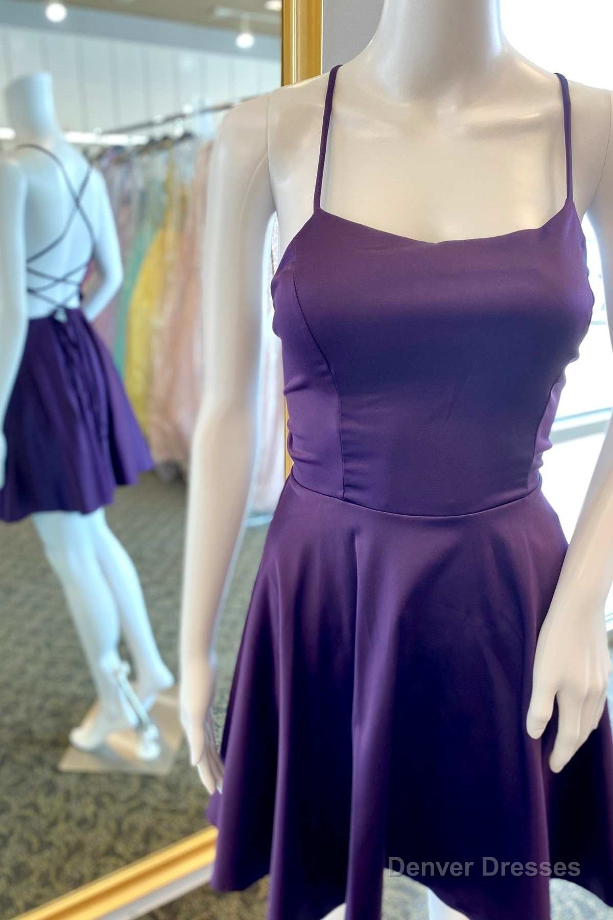 A-Line Purple Lace-Up Short Satin Homecoming Dresses Main image