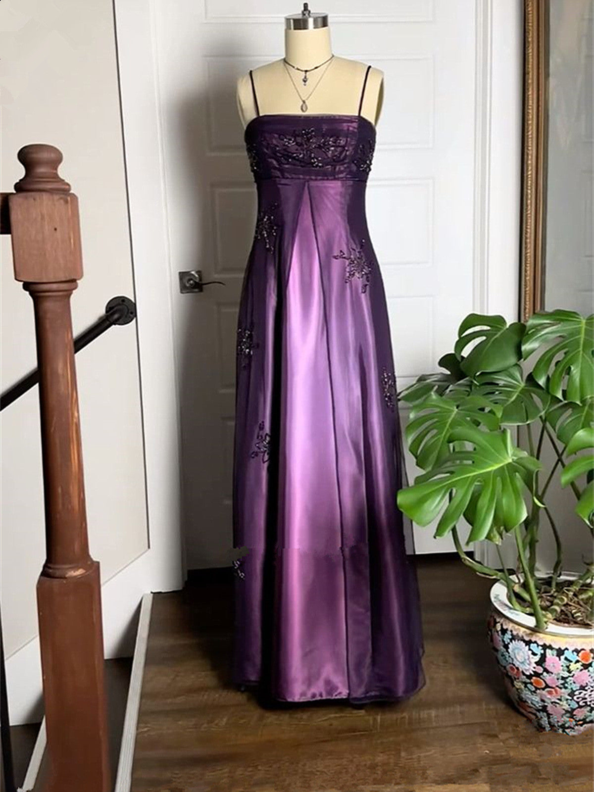 A-Line Purple Satin And Tulle Straps Long Party Dress, Purple Floor Length Prom Dress Secondary image