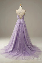 A-Line Purple Spaghetti Straps Long Prom Dress With Appliques