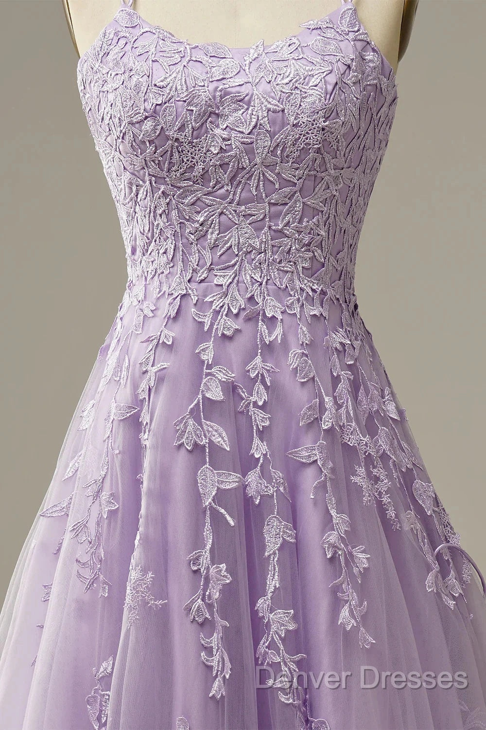 A-Line Purple Spaghetti Straps Long Prom Dress With Appliques