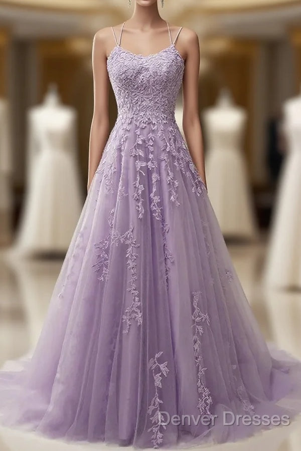A-Line Purple Spaghetti Straps Long Prom Dress With Appliques Main image