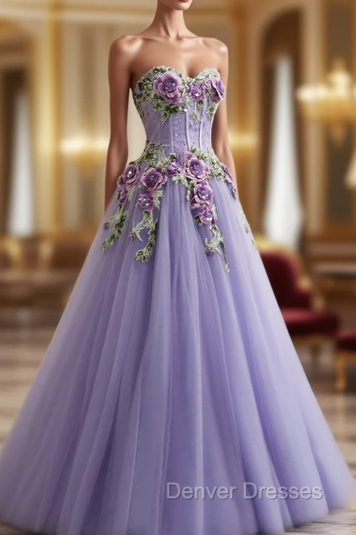A-Line Purple Tulle Embroidery Appliques Sweetheart Neck Prom Dress