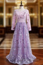 A-Line Purple Tulle Embroidery Long Sleeve Prom Dress
