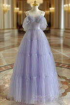 A-Line  Purple Tulle Purple Long Prom Dress, Purple Long Formal Dress