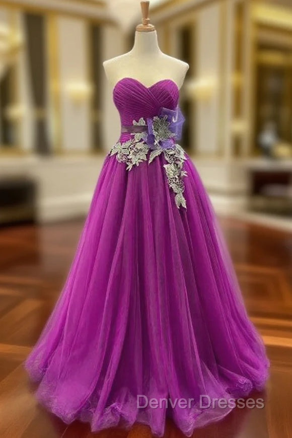 A-Line Purple Tulle Sweetheart Pleats Prom Dress Main image