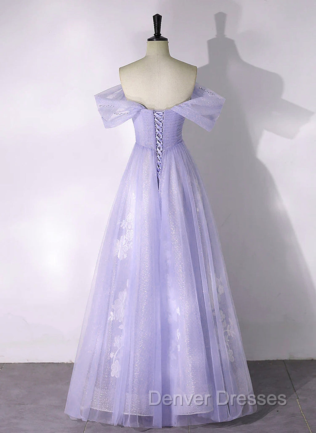 A-line Purple Tulle with Lace Off Shoulder Formal Dress, Purple Tulle Prom Dress