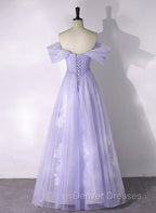 A-line Purple Tulle with Lace Off Shoulder Formal Dress, Purple Tulle Prom Dress