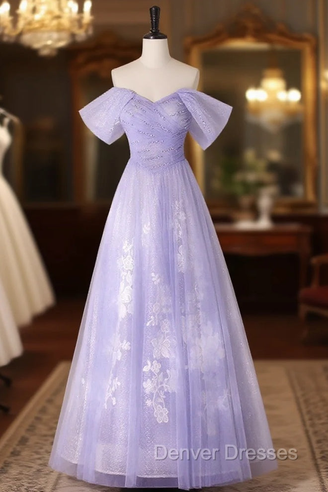 A-line Purple Tulle with Lace Off Shoulder Formal Dress, Purple Tulle Prom Dress