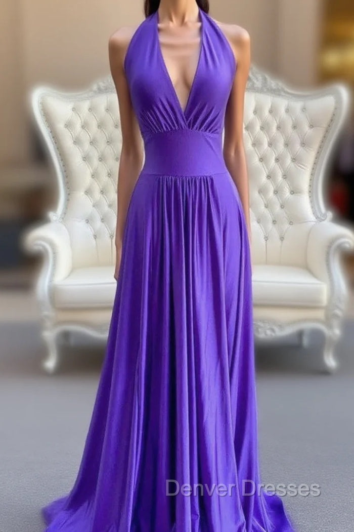 A-Line Purple V-neck Backless Prom Dress