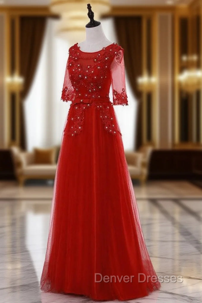 A-Line Red Half Sleeve Lace Bridesmaid Dress Main image